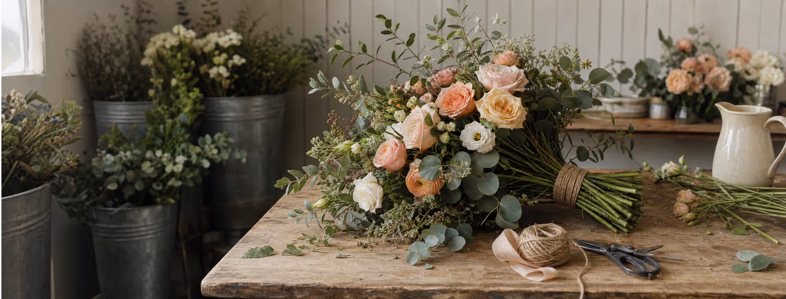 Floral designer arranging fresh flowers into a beautiful hand-tied bouquet